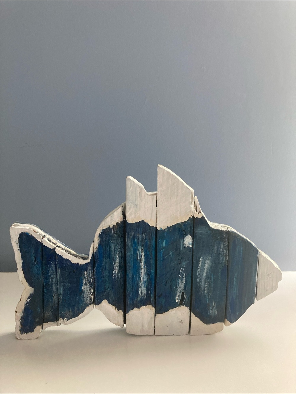 HANDMADE WOODEN FISH DISTRESSED BEACH DECOR COASTAL COTTAGECORE BLUE NAUTICAL